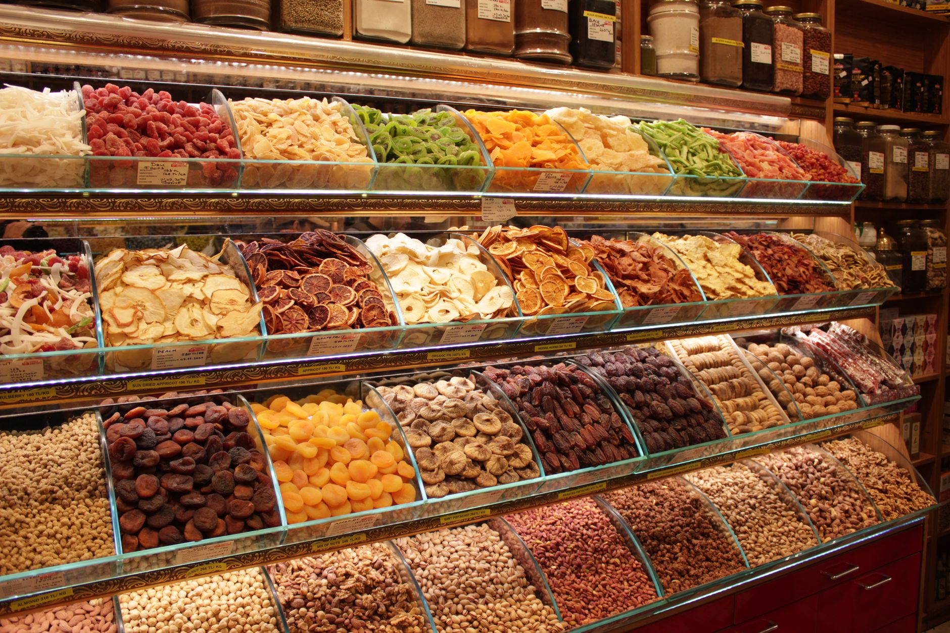 wide selection of various dried fruits and nuts