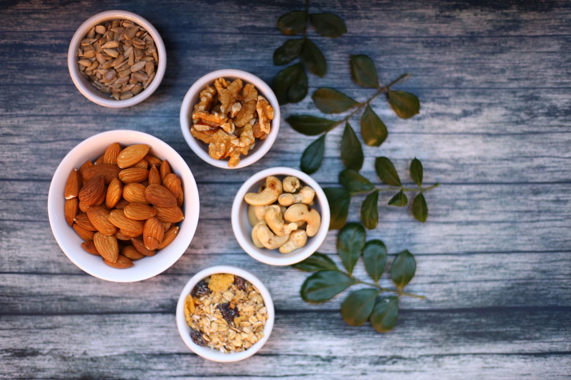 assorted nuts in white ceramic bowls